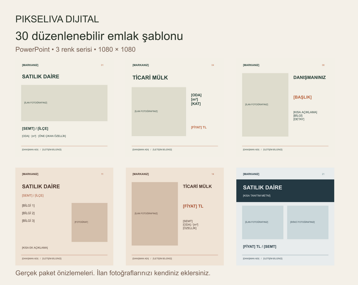 Pikseliva emlak şablonlarının gerçek paket önizlemeleri